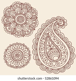 Hand-Drawn Henna Mehndi Tattoo Flowers and Paisley Doodle Vector Illustration Design Elements