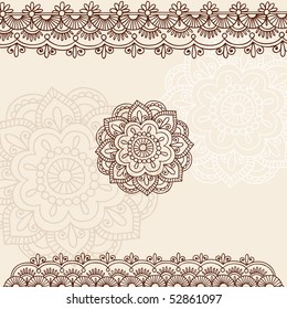 Hand-Drawn Henna Mehndi Tattoo Flowers and Paisley Border Doodle Vector Illustration Design Elements