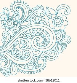 Hand-Drawn Henna Paisley and Flowers Abstract Doodle Vector Illustration
