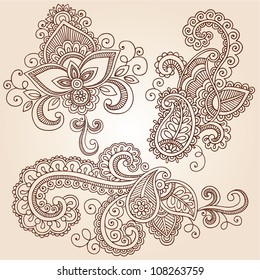 Hand-Drawn Henna Paisley Flowers Mehndi Doodles Abstract Floral Vector Illustration Design Elements