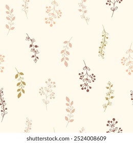 A hand-drawn herbal branches on a light cream background, an elegant seamless botanical pattern