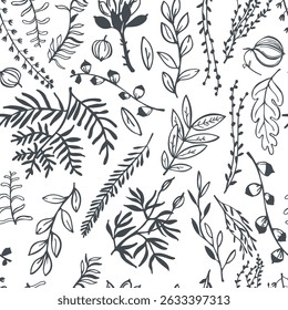 Ervas e flores desenhadas à mão.  Padrão sem emenda do vetor.  