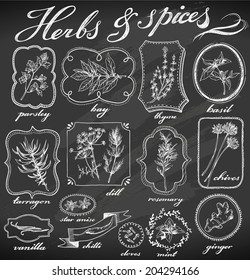 hand-drawn herbs and spices with frames on chalkboard