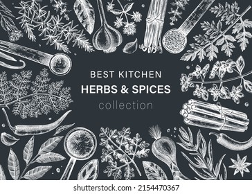 Hand-drawn herbs and spices vector frame design. Hand-sketched food illustration on the chalkboard. Vintage aromatic plants hand-drawing. Kitchen herbs and spice frame template in sketched style.