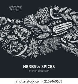 Hand-drawn herbs and spices wave design. Hand-sketched food card on chalkboard. Vintage aromatic plants hand-drawing. Kitchen herbs and spice banner template in sketched style for menu or packaging