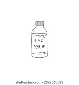 Jarabe HHC dibujado a mano. Ilustración vectorial aislada en un fondo blanco. Jarabe CBD para la salud en una botella. Medicamento de cannabis. 
