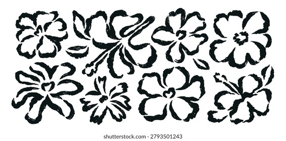 Hand-drawn hibiscus flowers set. Black brush stroke outline floral collection. Ink doodle handdrawn brushstroke blossoms. Modern botanical contour flat vector illustration isolated on white background