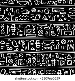 Hand-drawn hieroglyphs ancient white modern seamless pattern with line symbols of whales, birds and abstract signs similar to Egyptian on black background