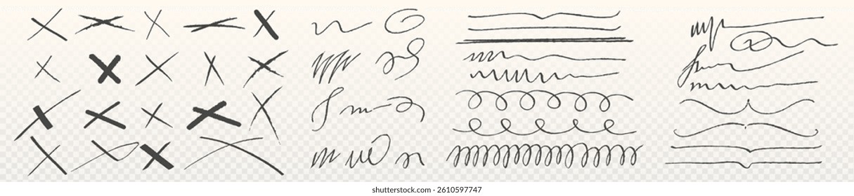Handdrawn highlight lines and cross marks set - various sketchy doodle strokes, underlines and scribbles. Artistic flourish elements, calligraphic swooshes, x signs for editing marks in document.