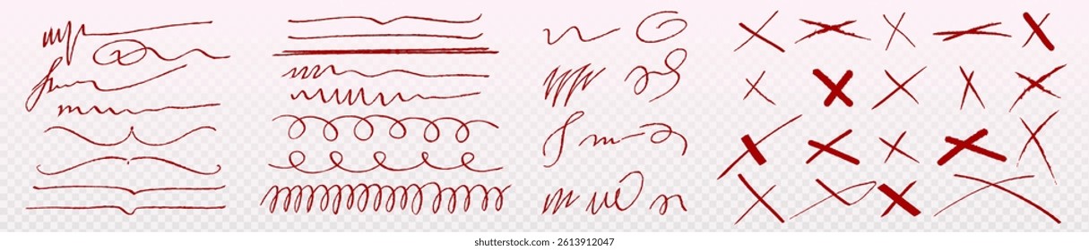 Handdrawn highlight lines and cross marks set - various sketchy red doodle strokes, underlines and scribbles. Artistic flourish elements, calligraphic swooshes, x signs for editing marks in document.