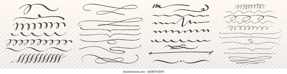 Handdrawn highlight strokes set - various decorative doodle swooshes, swirls and underlines. Calligraphic accent scribbles. Retro wavy lines, squiggly dividers, curly separators for vintage design