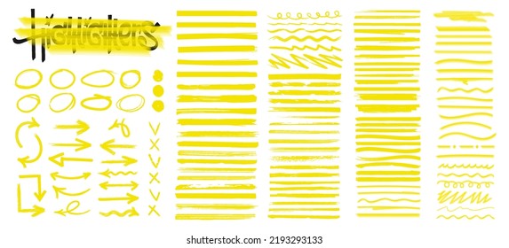 Hand-drawn Highlighters brush lines. Yellow marker lines, rounds, curves, marks, underline, arrows, ticks and crosses. Highlighters set marker underline. Yellow brush lines isolated. Vector set