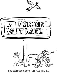 Hand-drawn hiking trail sign vector doodle. Hiking trail sign, spring flowers, butterfly, and common swift. For spring hikers hitting the trail.