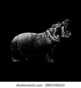 Hand-drawn Hippopotamus gorgops vector illustration in vintage engraving style. Detailed extinct prehistoric hippo roaring with open mouth isolated on black background. Realistic stippling sketch of ancient megafauna for paleontology, wildlife, and graphic design.