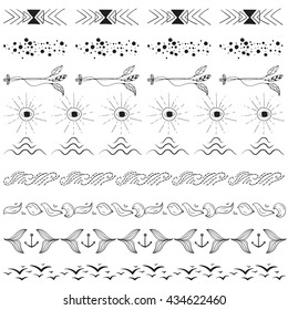 Hand-drawn hipster border points, lines, feathers, waves, eyes, birds and anchors