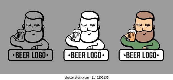 Hand-drawn hipster dude with mustache, beard with beer. Man with glass of alcohol. Vector logo. Stickers, logo, Emblem