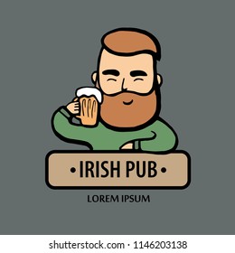 Hand-drawn hipster dude with mustache, beard with beer. Man with glass of alcohol. Vector logo. Stickers, logo, Emblem