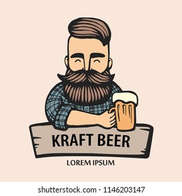 Hand-drawn hipster dude with mustache, beard with beer. Man with glass of alcohol. Vector logo. Stickers, logo, Emblem