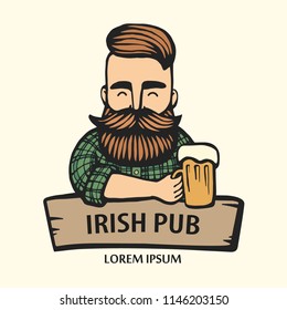 Hand-drawn hipster dude with mustache, beard with beer. Man with glass of alcohol. Vector logo. Stickers, logo, Emblem