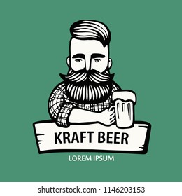 Hand-drawn hipster dude with mustache, beard with beer. Man with glass of alcohol. Vector logo. Stickers, logo, Emblem