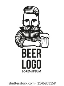 Hand-drawn hipster dude with mustache, beard with beer. Man with glass of alcohol. Vector logo. Stickers, logo, Emblem