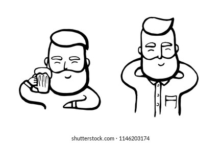 Hand-drawn hipster dude with mustache and beard relaxing. Happy smiling Men with beer. Vector illustration. Stickers, logo, Emblem