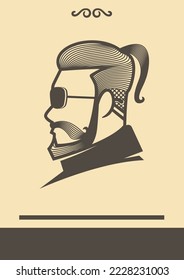Hand-drawn hipster dude with mustache, beard Man with sunglass stylish barber shop logo. Stickers, logo, Emblem Vector 