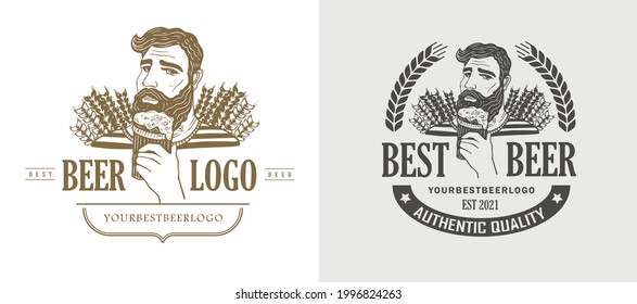 Hand-drawn hipster man with mustache, beard with beer. Vector logo. Stickers,  Emblem.
Oktoberfest vector logo design template. Beer, ale or drink, beverage icon