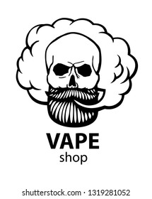 Hand-drawn hipster skull with mustache and beard. Man with vape and cloud. Electronic Cigarette. Vector.  