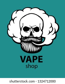 Hand-drawn hipster skull with mustache and beard. Man with vape and cloud. Electronic Cigarette. Vector.  