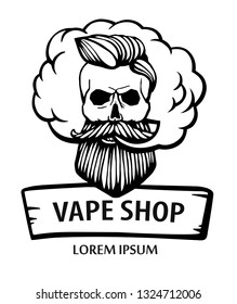 Hand-drawn hipster skull with mustache and beard. Man with vape and cloud. Electronic Cigarette. Vector.  