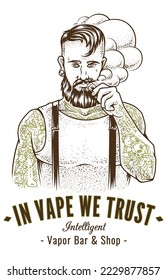 Hand-drawn hipster skull with mustache and beard. Man with vape and cloud. Electronic Cigarette. VectorHand-drawn hipster skull with mustache and beard. Man with vape and cloud. Electronic Cigarette svg