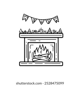 Hand-drawn Holiday Elements: Fireplace, Stockings, and Bell. A detailed black-and-white hand-drawn illustration of a fireplace, stockings, and a bell, symbolizing the Christmas season