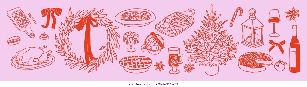 Hand-drawn holiday food and Christmas table decor in retro sketch style. Cozy elements for winter menu, festive recipe cards, greeting design. Illustration for xmas party projects, food packaging.