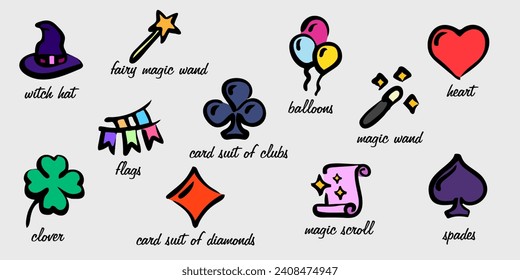 Hand-drawn holiday icons. Freehand symbols of circus and magic. Educational poster with the names