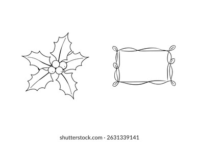Hand-drawn holly illustration and decorative frame elements on a pristine white background.