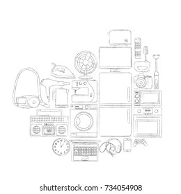 hand-drawn home appliances and space for text