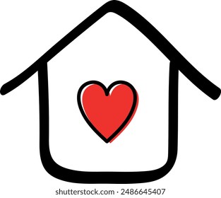 Hand-Drawn Home with Red Heart Icon