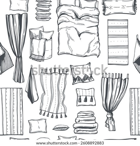Hand-drawn home textiles. Curtains, carpets, bed linen, towels.  Vector seamless pattern.