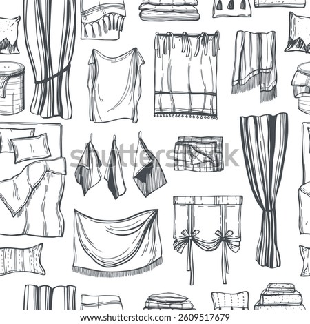 Hand-drawn home textiles. Curtains, carpets, bed linen, towels.  Vector seamless pattern.