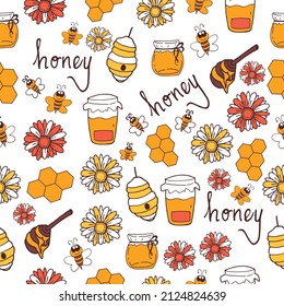 Hand-Drawn Honey Icons - Charming vector set featuring honey-related icons: flower, jar, honeybee, honeycomb, and hand-drawn lettering. Ideal for creating a sweet and natural vibe in your design