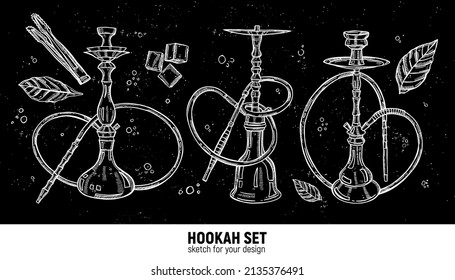 Hand-drawn hookah set. Tobacco leaves, various hookahs, coal tongs, coal. Sketches for decoration of premises, menus, advertising, for prints on clothes and for design of leaflets