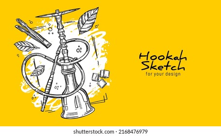 Hand-drawn hookah set. Tobacco leaves, hookah, coal tongs, coal. Sketches for decoration of premises, menus, advertising, for prints on clothes and for design of leaflets