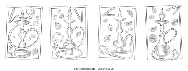 Hand-drawn hookah set. Tobacco leaves, hookah banner background