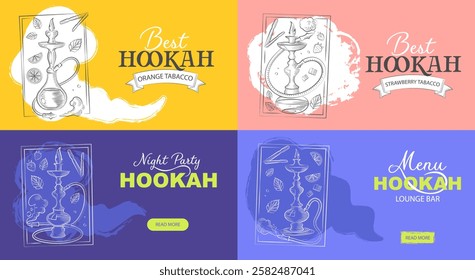 Hand-drawn hookah set. Tobacco leaves, hookah banner background