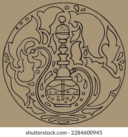 Silueta de narguile dibujada a mano en forma redonda, logotipo de shisha, ilustración vectorial, arte de línea negra