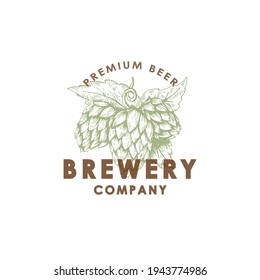 Hand-drawn hop cones vector illustration. Logo template for a brewery or beer bar. Hops emblem in the style of an engraving on a light background.