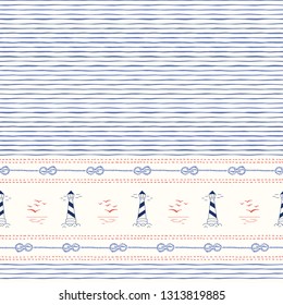 Hand-Drawn Horizontal Border with Ropes, Stitches, Marine Landscape and Lightouses Vector Seamless Pattern. Blue Stripes