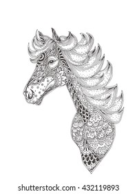 Hand-drawn horse with ethnic floral doodle pattern. Coloring page - zendala, design for spiritual relaxation for adults, vector illustration, isolated on a white background. Zen doodles.