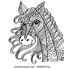 Hand-drawn horse with ethnic ornament.